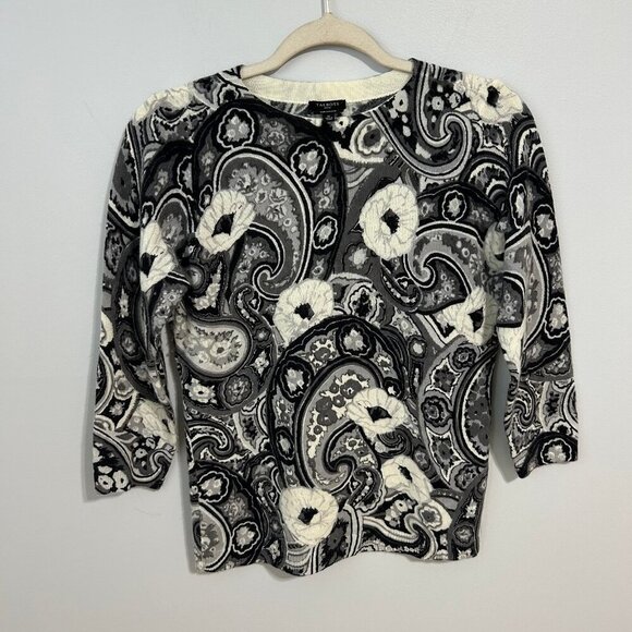 Talbots Audrey Cashmere Sweater Abstract Paisley Black White 3/4 Sleeve Small - Picture 2 of 6